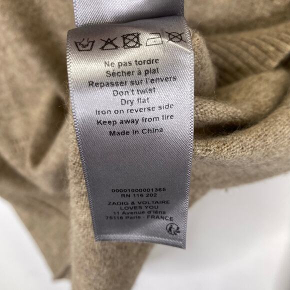 Zadig & Voltaire Vivi WS Gold Star Elbow Patch Cashmere Sweater M Oatmeal Deep V - Picture 12 of 13